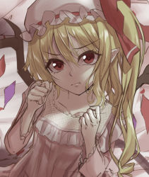 Rule 34 | 1girl, :t, akane hazuki, bed, bed sheet, blonde hair, bow, closed mouth, collarbone, crystal, drill hair, eyelashes, flandre scarlet, flat chest, frills, hair between eyes, hat, hat bow, long sleeves, looking at viewer, medium hair, mob cap, nightgown, one side up, pointy ears, pout, red bow, red eyes, shadow, sidelocks, solo, touhou, upper body, v-shaped eyebrows, white hat, wings