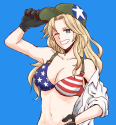 Rule 34 | 10s, 1girl, american flag, american flag bikini, american flag print, baseball cap, bikini, black gloves, blonde hair, blue background, blue eyes, breasts, flag print, girls und panzer, gloves, green hat, grin, hand on own hip, hat, kay (girls und panzer), large breasts, long hair, looking at viewer, mutsu (layergreen), navel, off shoulder, one eye closed, print bikini, print bikini top, shirt, simple background, sleeves rolled up, smile, solo, star (symbol), swimsuit, upper body, white shirt