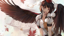 Rule 34 | 1girl, absurdres, architecture, autumn leaves, belt, bird wings, black hair, black skirt, blurry, building, depth of field, east asian architecture, feathered wings, hat, head tilt, headset, highres, ina (inadiary), leaf, leaning to the side, looking at viewer, maple leaf, neck ribbon, open mouth, pom pom (clothes), puffy short sleeves, puffy sleeves, red eyes, ribbon, shameimaru aya, shirt, short hair, short sleeves, skirt, solo, tokin hat, touhou, untied, untucked shirt, upper body, white shirt, wings
