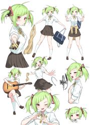 Rule 34 | 1girl, ahoge, bag, black skirt, blush, bow, bowtie, breasts, brown footwear, cardigan, chibi, closed mouth, clothes around waist, collared shirt, crossed legs, crystal shoujo, delutaya, double v, earrings, fang, green hair, guitar, half-closed eyes, highres, holding, holding bag, indie virtual youtuber, instrument, invisible chair, jewelry, kneehighs, loafers, looking at viewer, microphone, multiple views, music, one eye closed, open mouth, outstretched arms, own hands together, playing instrument, pleated skirt, reaching, reaching towards viewer, red eyes, school bag, shirt, shirt tucked in, shoes, short twintails, sidelocks, sitting, skirt, sleeves rolled up, small breasts, smile, socks, spread arms, standing, striped bow, striped bowtie, striped clothes, twintails, v, v-shaped eyebrows, virtual youtuber, white background, white shirt, white socks, yellow bow, yellow bowtie