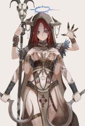 Rule 34 | 1girl, absurdres, bracelet, extra arms, feather trim, gold can, halo, hands on own chest, highres, holding, holding staff, hood, hood up, horns, jewelry, key, lock, looking at viewer, navel, necklace, original, padlock, purple eyes, red hair, sickle, skull, solo, staff, tattoo