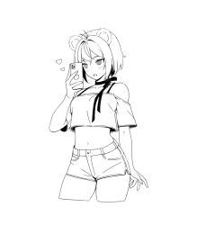 Rule 34 | 1girl, animal ears, arm at side, bear ears, bob cut, cellphone, choker, contrapposto, cowboy shot, cropped legs, cropped shirt, greyscale, hand up, highres, holding, holding phone, indie virtual youtuber, midriff, monochrome, navel, niamocha, off-shoulder shirt, off shoulder, parted lips, phone, selfie, shirt, short hair, short shorts, short sleeves, shorts, simple background, siun, smartphone, solo, standing, virtual youtuber, white background