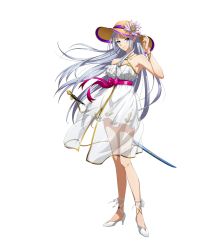 Rule 34 | 1girl, absurdres, ankle ribbon, bare legs, blue eyes, bow, bracelet, breasts, collarbone, criss-cross halter, dress, floating hair, flower, full body, halterneck, hat, hat flower, hat ribbon, high heels, highres, holding, holding sheath, ilucia (langrisser), jewelry, langrisser, langrisser mobile, large breasts, leg ribbon, long hair, looking at viewer, official art, parted lips, pumps, purple ribbon, red bow, ribbon, see-through, sheath, sheathed, short dress, silver hair, sleeveless, sleeveless dress, smile, solo, standing, straight hair, straw hat, sun hat, sword, transparent background, very long hair, weapon, white dress, white flower, white footwear, white ribbon, yellow hat