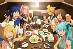 Rule 34 | 2boys, 4girls, ^ ^, alcohol, aqua nails, bare arms, bare shoulders, beer, beer mug, black sailor collar, blonde hair, blue eyes, blue hair, blue nails, blue neckwear, blush, bowl, brown hair, chewing, chopsticks, closed eyes, coat, cup, double v, elbows on table, everyone, fingernails, food, from above, glass, grey shirt, grill, hair ornament, hair ribbon, hairband, hairclip, happy, hatsune miku, holding, holding chopsticks, holding cup, indoors, kagamine len, kagamine rin, kaito (vocaloid), long hair, looking at viewer, meat, megurine luka, meiko (vocaloid), mug, multiple boys, multiple girls, musical note, nail polish, necktie, nokuhashi, number tattoo, open mouth, pink hair, plate, red nails, restaurant, ribbon, rice, rice bowl, sailor collar, shirt, short hair, shoulder tattoo, sitting, sleeveless, sleeveless shirt, smile, spoon, table, tattoo, teeth, treble clef, twintails, twitter username, upper teeth only, v, v-shaped eyebrows, very long hair, vocaloid, white ribbon, yellow nails, yellow neckwear