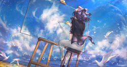 Rule 34 | 1girl, a-chan (hololive), bird, black sweater, blue hair, bow, cloud, commentary, english commentary, flying, from behind, hair bow, highres, holding, holding paintbrush, hololive, jun wei, paintbrush, painting (action), painting (object), pants, purple bow, seagull, short hair, short ponytail, sky, solo, sweater, virtual youtuber, white pants