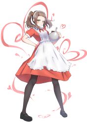 Rule 34 | 1girl, absurdres, alternate costume, apron, black footwear, black pantyhose, blush, closed mouth, commentary request, dress, enmaided, forehead, frown, full body, green eyes, hairband, hand on own hip, highres, holding, kamidan, light brown hair, maid, maid apron, mary janes, pantyhose, puffy short sleeves, puffy sleeves, red dress, shania (xenoblade), shoes, short sleeves, solo, twintails, valentine, white background, white hairband, xenoblade chronicles (series), xenoblade chronicles 3