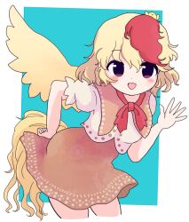 Rule 34 | 1girl, animal, animal on head, bird, bird on head, bird tail, bird wings, blonde hair, blush stickers, chick, cowboy shot, cropped legs, dress, feathered wings, highres, multicolored hair, niwatari kutaka, on head, open mouth, orange dress, red eyes, red hair, rei (tonbo0430), revision, short hair, short sleeves, smile, solo, tail, touhou, two-tone hair, wings, yellow wings