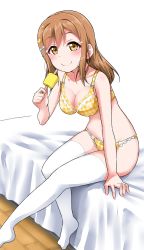 Rule 34 | 1girl, blush, bow, bra, breasts, brown hair, cleavage, collarbone, commentary request, food, hair bow, hair ornament, highres, holding, kunikida hanamaru, long hair, looking at viewer, love live!, love live! sunshine!!, medium breasts, no shoes, on bed, plaid, plaid bra, popsicle, sitting, smile, solo, star (symbol), star hair ornament, thighhighs, underwear, underwear only, white background, white thighhighs, yellow bra, yellow eyes, yopparai oni
