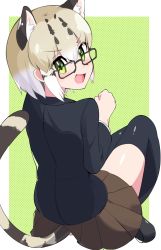 Rule 34 | 1girl, alternate costume, animal ears, bad id, bad twitter id, black footwear, black jacket, black thighhighs, blonde hair, blush, brown hair, brown skirt, cat ears, cat girl, cat tail, commentary request, extra ears, glasses, green eyes, highres, jacket, kemono friends, long sleeves, looking at viewer, margay (kemono friends), margay print, multicolored hair, open mouth, pleated skirt, school uniform, shirt, short hair, sitting, skirt, solo, tail, takom, thighhighs, white hair, white shirt, zettai ryouiki