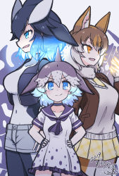 Rule 34 | 3girls, animal ears, ascot, bare arms, black hair, black vest, blue eyes, blue hair, bodysuit, borrowed character, breasts, brown hair, brown jacket, buttons, closed mouth, collar, collarbone, collared dress, commentary request, common bottlenose dolphin (kemono friends), covered navel, czechoslovakian wolfdog (kemono friends) (kitsunetsuki itsuki), dated, diving suit, dress, fang, fictional persona, fins, frilled dress, frills, fur collar, gloves, glowing, glowing hair, glowing hand, grey dress, grey hair, grey shorts, grey sweater, hair between eyes, hair ornament, hairclip, hand up, hands on own hips, head fins, height difference, jacket, kemono friends, killer whale (kemono friends) (stylecase), kitsunetsuki itsuki, long sleeves, looking afar, looking at viewer, medium hair, multicolored hair, multiple girls, necktie, open clothes, open jacket, open mouth, open vest, orange eyes, pantyhose, parted lips, plaid, plaid skirt, pocket, sailor collar, short dress, short sleeves, shorts, signature, skirt, smile, smug, standing, sweater, tsurime, turtleneck, upper body, v-shaped eyebrows, vest, wetsuit, wolf ears, yellow neckwear, yellow skirt