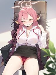 Rule 34 | 1girl, agnamore, aru (blue archive), blue archive, blurry, breasts, button gap, chair, cleavage, coat, collared shirt, depth of field, halo, hand up, highres, horns, hot, large breasts, leaf, long hair, office chair, panties, pantyshot, pink hair, red panties, shirt, sitting, solo, sweat, swivel chair, teeth, thighs, underwear, white shirt, yellow eyes