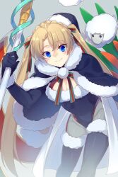 Rule 34 | 1girl, blonde hair, blue capelet, blue eyes, blue gloves, blue hat, blue leotard, blush, bradamante (fate), braid, breasts, capelet, cleavage, crown braid, echo (circa), elbow gloves, fate/grand order, fate (series), fur-trimmed capelet, fur-trimmed headwear, fur-trimmed thighhighs, fur trim, gloves, hat, highleg, highleg leotard, large breasts, leaning forward, leotard, long hair, looking at viewer, santa costume, santa hat, scepter, sheep, smile, solo, thighhighs, thighs, twintails, very long hair