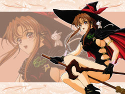 Rule 34 | 1girl, animal, animal on shoulder, armlet, black footwear, black gloves, breasts, broom, broom riding, brown hair, cape, cat, flying, gloves, hat, holding, holding wand, long hair, open mouth, red eyes, sideboob, solo, wand, white cat, witch, witch hat, yoshizane akihiro, zoom layer