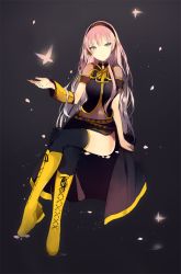 Rule 34 | 1girl, blue eyes, boots, breasts, cross-laced footwear, dark background, full body, headphones, invisible chair, knee boots, lace-up boots, crossed legs, long hair, looking at viewer, lpip, megurine luka, petals, pink hair, sitting, skirt, smile, solo, thighhighs, vocaloid, yellow footwear
