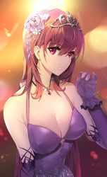 Rule 34 | breasts, cleavage, commentary request, damda, dress, elbow gloves, fate/grand order, fate (series), flower, gloves, hair flower, hair ornament, heroic spirit formal dress, jewelry, large breasts, long hair, looking at viewer, necklace, purple dress, purple hair, red eyes, scathach (fate), scathach (formal dress) (fate), tiara