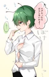 Rule 34 | 1girl, antennae, bad id, bad pixiv id, black shorts, breasts, buttons, collared shirt, commentary request, cowboy shot, eyes visible through hair, green eyes, green hair, hair between eyes, hand on own stomach, highres, holding, holding toothbrush, katsuobushi (eba games), long sleeves, shirt, short hair, shorts, simple background, sleepy, small breasts, solo, standing, tomboy, toothbrush, toothbrush in mouth, touhou, translation request, unbuttoned, unbuttoned shirt, white background, white shirt, wriggle nightbug