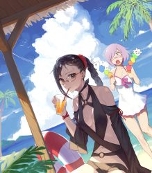 Rule 34 | 2girls, :o, absurdres, beach, bird, braid, breasts, brown eyes, brown hair, cleavage, cloud, day, drinking straw, drinking straw in mouth, fate/grand order, fate (series), female focus, flying, glass, glasses, hair over one eye, hakisou, halterneck, highres, juice, light purple hair, long hair, looking at viewer, mash kyrielight, mash kyrielight (swimsuit of perpetual summer), multiple girls, navel, ocean, official alternate costume, outdoors, palm tree, plant, purple eyes, shorts, sitting, skindentation, skirt, sky, standing, sweat, tree, water, yu mei-ren (fate), yu mei-ren (festival outfit) (fate)