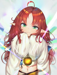Rule 34 | 1girl, :3, ahoge, apple, arknights, baggy clothes, clothing cutout, earrings, food, fruit, fuenyuan, golden apple, green eyes, jewelry, light rays, long hair, long sleeves, looking at viewer, messy hair, myrtle (arknights), navel, navel cutout, pointy ears, red hair, solo