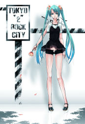 Rule 34 | 1girl, aqua eyes, aqua hair, dress, flower, hatsune miku, highres, legs, mille (dieci), mirre, open fly, open shoes, pigeon-toed, reflection, relfection, short shorts, shorts, solo, toes, tokyo-to rock city (vocaloid), twintails, unzipped, vocaloid