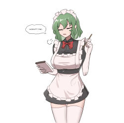 Rule 34 | 1girl, alternate costume, black dress, breasts, cafe maid (love live!), closed eyes, dress, elbow gloves, english text, gloves, green hair, highres, huge breasts, kazami yuuka, maid, maid cafe, maid headdress, mata (matasoup), short dress, short hair, sigh, simple background, speech bubble, thighhighs, thighs, touhou, white background, white thighhighs