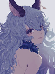 Rule 34 | 1girl, animal ears, bad id, bad pixiv id, bare shoulders, blue hair, blurry, blurry background, bright pupils, brown eyes, commentary request, dated, depth charge, detached collar, earrings, erune, eyelashes, ferry (granblue fantasy), from behind, granblue fantasy, jewelry, long hair, looking at another, looking at viewer, looking back, minyom, revision, signature, solo, upper body