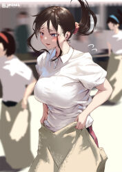 Rule 34 | 3girls, blurry, blurry background, blush, breasts, brown hair, collared shirt, commentary request, hair ornament, hair scrunchie, jonsun, large breasts, mami (jonsun), mole, mole under eye, multiple girls, original, parted lips, ponytail, purple eyes, red scrunchie, scrunchie, shirt, short sleeves, solo focus, twitter username, white shirt