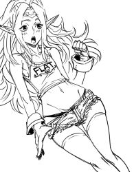 Rule 34 | 1girl, aged up, bad id, bare shoulders, bb (baalbuddy), big hair, blush, circlet, clothes pull, clothes writing, dutch angle, fire emblem, fire emblem awakening, flat chest, greyscale, inactive account, long hair, midriff, monochrome, navel, nintendo, nowi (fire emblem), open mouth, panties, panty peek, parted bangs, pointy ears, pulling own clothes, short shorts, shorts, shorts pull, simple background, solo, tank top, thigh gap, thighhighs, underwear, white background