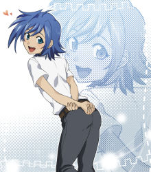Rule 34 | 10s, 1boy, ahoge, arms behind back, ass, belt, blue eyes, blue hair, blush, cardfight!! vanguard, from behind, halftone, halftone background, heart, looking at viewer, looking back, male focus, matching hair/eyes, open mouth, pants, petagon, school uniform, sendou aichi, short hair, smile, solo, zoom layer