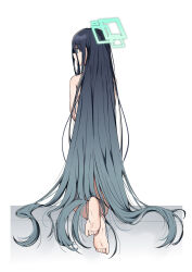 Rule 34 | 1girl, absurdly long hair, absurdres, aris (blue archive), barefoot, blue archive, blue eyes, blue hair, convenient censoring, dark blue hair, from behind, full body, gradient hair, hair between eyes, hair censor, halo, highres, long hair, looking to the side, multicolored hair, nude, pokarii zuu, simple background, solo, very long hair, white background