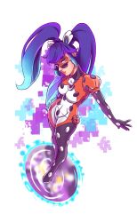 Rule 34 | 1girl, abs, artist name, blue eyes, blue hair, bodysuit, boots, breasts, earrings, female focus, hair ornament, highres, jewelry, ladybug (character), lipstick, long hair, long sleeves, looking at viewer, looking over eyewear, looking over glasses, makeup, marinette dupain-cheng, miraculous ladybug, multicolored clothes, red bodysuit, sah.chan, simple background, sunglasses, tinted eyewear, twintails, white bodysuit