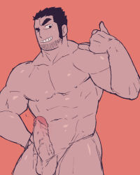Rule 34 | 1boy, abs, bara, beard stubble, black hair, completely nude, cowboy shot, erection, facial hair, grin, huge eyebrows, kuruaki (jumpondaddy), large pectorals, lucas lee, male focus, muscular, muscular male, navel, nipples, nude, pectorals, raised eyebrow, scott pilgrim (series), scott pilgrim takes off, shaka sign, shiny skin, shirt, short hair, short sleeves, smile, solo, stomach, stubble, t-shirt, tight clothes, tight shirt, uncensored, unfinished