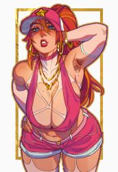 Rule 34 | 1girl, armpit hair, armpits, baseball cap, bent over, blue eyes, bracelet, breasts, choker, commentary, crop top, earrings, english commentary, gold bracelet, gold earrings, gold necklace, hand on own head, hand on own hip, hat, highres, hoop earrings, huge breasts, jewelry, long hair, looking at viewer, nastacic, natalie (nastacic), navel, necklace, orange hair, original, pink choker, pink hat, pink nails, pink shirt, pink shorts, ponytail, shirt, short shorts, shorts, sleeveless, sleeveless shirt, solo, tan, tanline