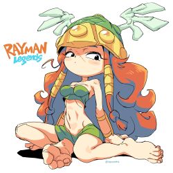 Rule 34 | 1girl, absurdres, barbara (rayman), barefoot, black eyes, breasts, copyright name, curly hair, eyelashes, feet, green skirt, hair tubes, helmet, highres, long hair, looking at viewer, navel, oyatsu (mk2), rayman (series), rayman legends, red hair, scar, scar on face, sidelocks, simple background, sitting, skirt, soles, solo, stomach, strapless, toes, tube top, twitter username, white background, winged helmet