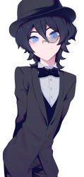 Rule 34 | 1boy, absurdres, arms behind back, black bow, black bowtie, black hair, black hat, black jacket, blue eyes, bow, bowtie, closed mouth, collared shirt, commentary request, hair between eyes, hat, highres, indie virtual youtuber, jacket, kushizaki (vtuber), looking at viewer, male focus, messy hair, monocle, shirt, short hair, simple background, solo, st (youx1119), upper body, virtual youtuber, white background, white shirt