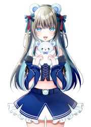 Rule 34 | 1girl, animal ears, bare shoulders, bear ears, blue bow, blue eyes, blue hair, blue skirt, blue sleeves, bow, bowtie, brown hair, collarbone, crop top, detached sleeves, fangs, frilled skirt, frills, hair bow, hands up, highres, holding, holding stuffed toy, juliet sleeves, kiyui (honey citron), long hair, long sleeves, looking at viewer, midriff, multicolored hair, navel, open mouth, original, puffy sleeves, purple bow, purple bowtie, simple background, skirt, solo, stuffed animal, stuffed toy, teddy bear, tongue, tongue out, two-tone hair, very long hair, white background