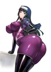Rule 34 | 1girl, ass, black hair, bodysuit, boots, breasts, covered erect nipples, curvy, elbow gloves, female focus, gloves, habit, hip focus, huge ass, kamori sayaka, large breasts, latex, latex gloves, latex suit, long hair, nun, original, purple bodysuit, purple eyes, rindou (radical dream), shiny clothes, simple background, skin tight, solo, thick thighs, thigh boots, thighhighs, thighs, white background, wide hips