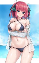 Rule 34 | 1girl, :o, arms under breasts, bare shoulders, bikini, black bikini, blue sky, blush, breasts, chestnut mouth, cloud, contrapposto, crossed arms, gluteal fold, go-toubun no hanayome, hair ribbon, highres, large breasts, letterboxed, looking at viewer, nakano nino, navel, off shoulder, parted lips, pink hair, r-binon, ribbon, shirt, short hair, side-tie bikini bottom, sky, solo, stomach, swimsuit, thighs, two side up, v-shaped eyebrows, wet, wet clothes, wet shirt, white shirt
