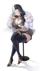 Rule 34 | 1girl, arm tattoo, belt pouch, black footwear, black gloves, black hair, black shorts, boots, bracelet, breast rest, breasts, cleavage, closed eyes, closed mouth, coat, collarbone, commentary, crop top, cup, full body, fur coat, gloves, goddess of victory: nikke, gold choker, half gloves, high heel boots, high heels, highres, holding, holding cup, invisible table, jewelry, large breasts, long hair, midriff, mugen kageno, multicolored hair, navel, parted hair, pinstripe pattern, pouch, rosanna (nikke), shadow, shirt, shorts, simple background, sitting, skindentation, smile, solo, split-color hair, stomach tattoo, stool, striped clothes, striped shirt, tattoo, thigh boots, vertical-striped clothes, vertical-striped shirt, white background, white hair