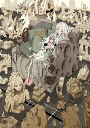Rule 34 | 1boy, 1girl, atory totory, barefoot, couch, highres, original, pajamas, sculpture, sitting, sleeping, solo, white hair