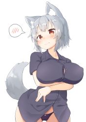 Rule 34 | 1girl, absurdres, alternate costume, animal ear fluff, animal ears, arm support, blouse, blue panties, blue shirt, blush, breast hold, breasts, collared shirt, covered erect nipples, cowboy shot, embarrassed, frown, head tilt, highres, inubashiri momiji, large breasts, looking at viewer, mamemochi, midriff peek, no pants, panties, parted bangs, pom pom (clothes), red eyes, shirt, short hair, silver hair, simple background, solo, speech bubble, spoken blush, standing, tail, touhou, underwear, wavy mouth, white background, wolf ears, wolf tail