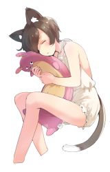 Rule 34 | 1girl, animal ears, bad id, bad pixiv id, bare shoulders, barefoot, blush, brown hair, cat ears, cat tail, cropped legs, closed eyes, lying, hugging object, on back, original, short hair, simple background, sleeping, solo, stuffed toy, tail, u (mikaduki0720), white background