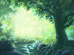 Rule 34 | aoha (twintail), forest, green theme, nature, no humans, original, rock, scenery, still life, stream, sunlight, tree, water