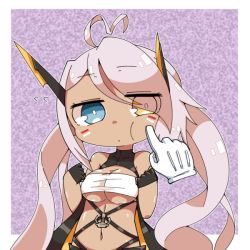 Rule 34 | 1girl, :/, ahoge, anchor, azur lane, bandeau, bare shoulders, black gloves, blue eyes, breasts, bright pupils, cheek bulge, cheek poking, cleavage, closed mouth, dark-skinned female, dark skin, eyebrows, eyes visible through hair, facepaint, facing away, flying sweatdrops, gloves, groin, hair between eyes, hair over one eye, heart, heart ahoge, heterochromia, indianapolis (azur lane), long hair, looking at viewer, medium breasts, navel, odabuts, outline, partially fingerless gloves, poking, purple background, shiny skin, silver hair, solo, stomach, strapless, transparent background, tube top, turtleneck, twintails, underboob, very long hair, white outline, white pupils, yellow eyes