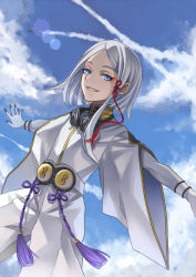 Rule 34 | 1girl, asymmetrical hair, bad id, bad pixiv id, blue eyes, cloud, contrail, day, dio eraclea, eyeshadow, facepaint, flutter sleeves, gloves, goggles, goggles around neck, grin, hair ornament, last exile, makeup, momori, outstretched arms, red eyeshadow, short hair, sky, smile, solo, spread arms, tassel, white hair, wide sleeves