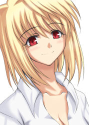 Rule 34 | 00s, 1girl, arcueid brunestud, blonde hair, breasts, cleavage, collarbone, looking at viewer, red eyes, shirt, short hair, slit pupils, smile, solo, tsukihime, upper body, white background, white shirt