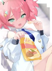 Rule 34 | 1girl, bag of chips, blue archive, blue necktie, border, breasts, buttons, chips (food), clothing cutout, collared shirt, darudana, food, green eyes, hair between eyes, hair ornament, highres, holding, holding food, horns, jacket, long sleeves, looking at viewer, lying, momoka (blue archive), necktie, off shoulder, on back, open mouth, pink hair, pointy ears, potato chips, sharp teeth, shirt, sleeveless, small breasts, solo, teeth, white jacket, white shirt