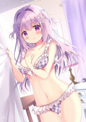 Rule 34 | 1girl, :o, azumi kazuki, bare arms, bare shoulders, bikini, blush, bow, breasts, commentary request, curtains, desk lamp, frilled bikini, frills, hair bow, hair intakes, hair ribbon, hands up, highres, indoors, lamp, long hair, looking at viewer, medium breasts, navel, original, parted lips, plaid, plaid bikini, purple bikini, purple eyes, purple hair, ribbon, solo, standing, swimsuit, translation request, transparent, two side up, very long hair, white bow, white ribbon