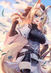 Rule 34 | 1girl, :3, animal ears, arknights, armor, black bow, black shorts, blonde hair, blue eyes, bow, breasts, cape, cloud, cowboy shot, dutch angle, fang, gogatsu fukuin, hair bow, hand on own hip, hand up, highres, horse ears, horse tail, kingdom of kazimierz logo, large breasts, long hair, looking at viewer, outdoors, shorts, sky, solo, standing, tail, thighhighs, thighs, v-shaped eyebrows, whislash (arknights), white cape