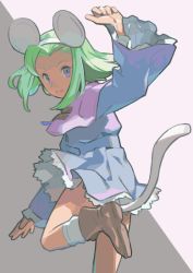 Rule 34 | 1girl, animal ears, brave fencer musashiden, capelet, commentary request, dress, green hair, hairband, mouse ears, mouse girl, mouse tail, purple capelet, purple eyes, shoes, short hair, simple background, smile, solo, tail, topo (musashiden)