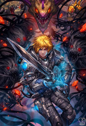 Rule 34 | 1boy, absurdres, armor, blonde hair, blue eyes, closed mouth, demon, gauntlets, heterochromia, highres, holding, holding sword, holding weapon, looking at viewer, male focus, original, red eyes, sa-dui, signature, solo, standing, sword, two-handed, weapon